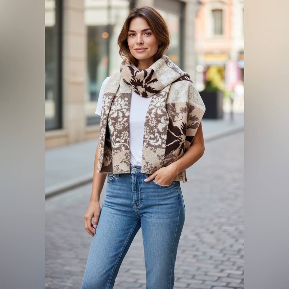 Anthropologie wool blend multi‎ media Cream and Brown Wrap scarf cozy warmth